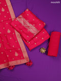 Pink Banarasi Silk Dress Material With Zari Neck Pattern and Bottom & Dupatta
