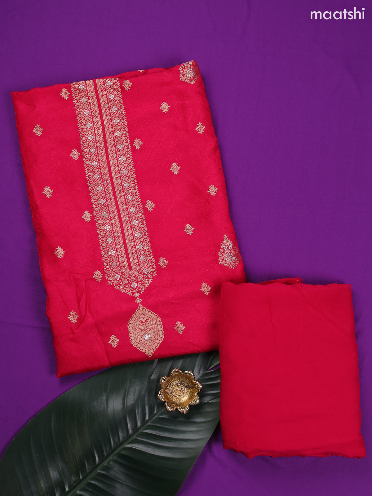 Pink Banarasi Silk Dress Material With Zari Neck Pattern and Bottom & Dupatta