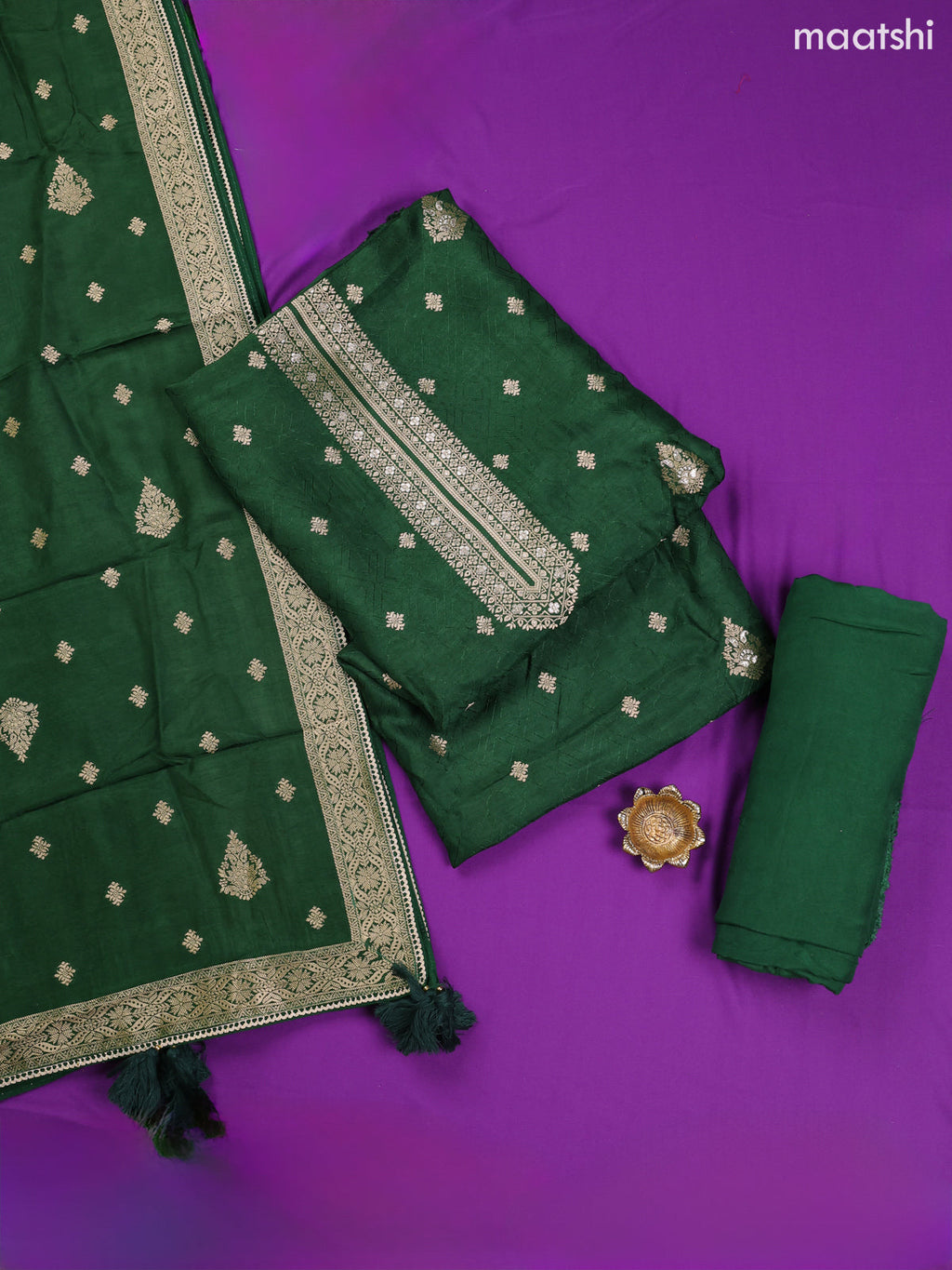 Green Banarasi Silk Dress Material With Zari Neck Pattern and Bottom & Dupatta
