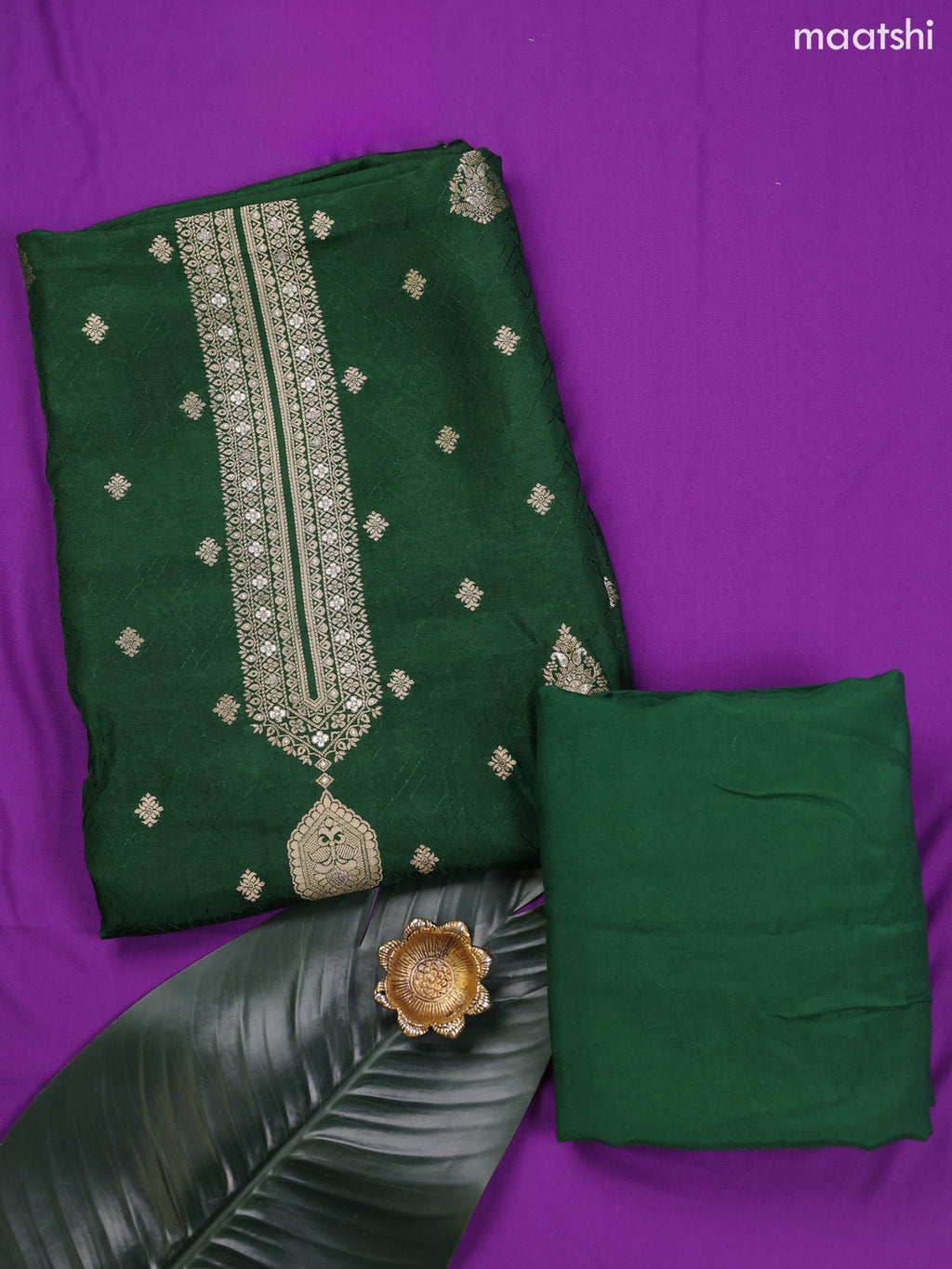 Green Banarasi Silk Dress Material With Zari Neck Pattern and Bottom & Dupatta
