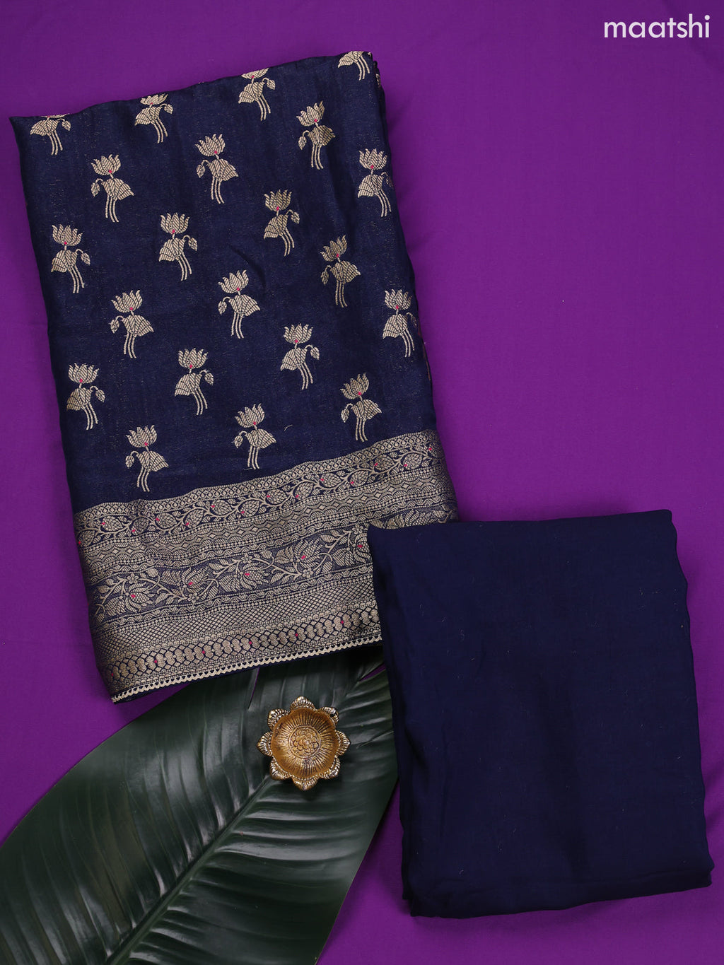 Royal Blue Banarasi Silk Dress Material With Zari Work Neck Pattern and Bottom & Dupatta