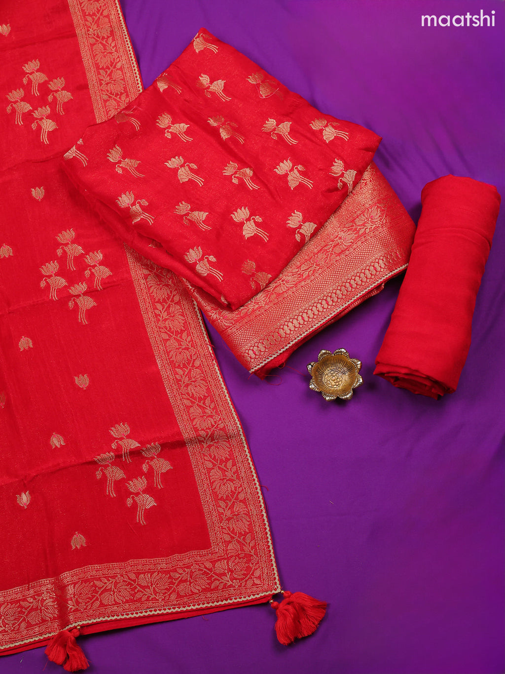 Red Banarasi Silk Dress Material With Zari Work Neck Pattern and Bottom & Dupatta