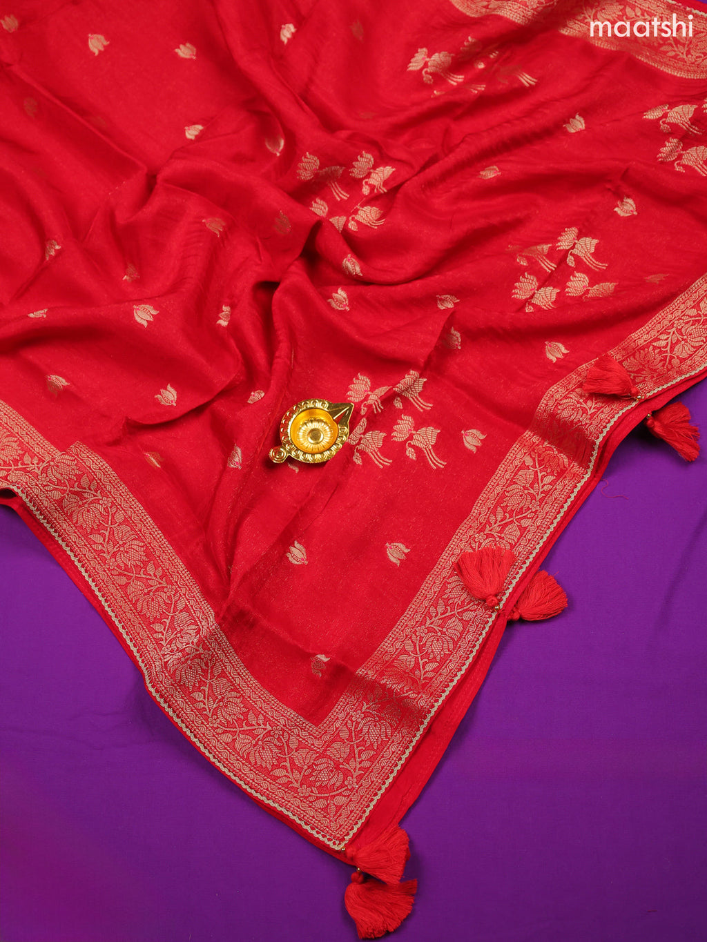 Red Banarasi Silk Dress Material With Zari Work Neck Pattern and Bottom & Dupatta
