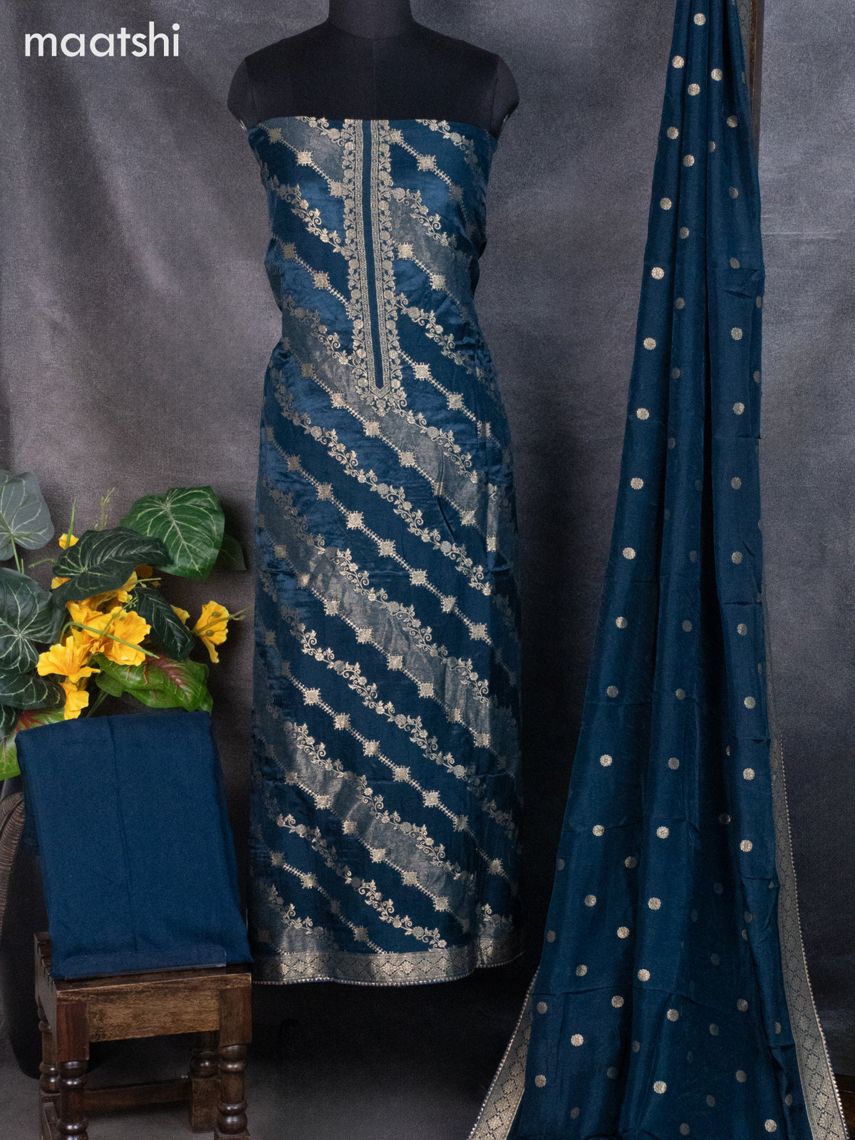 Banarasi silk dress material peacock green with allover zari weaves and bottom & banarasi style dupatta