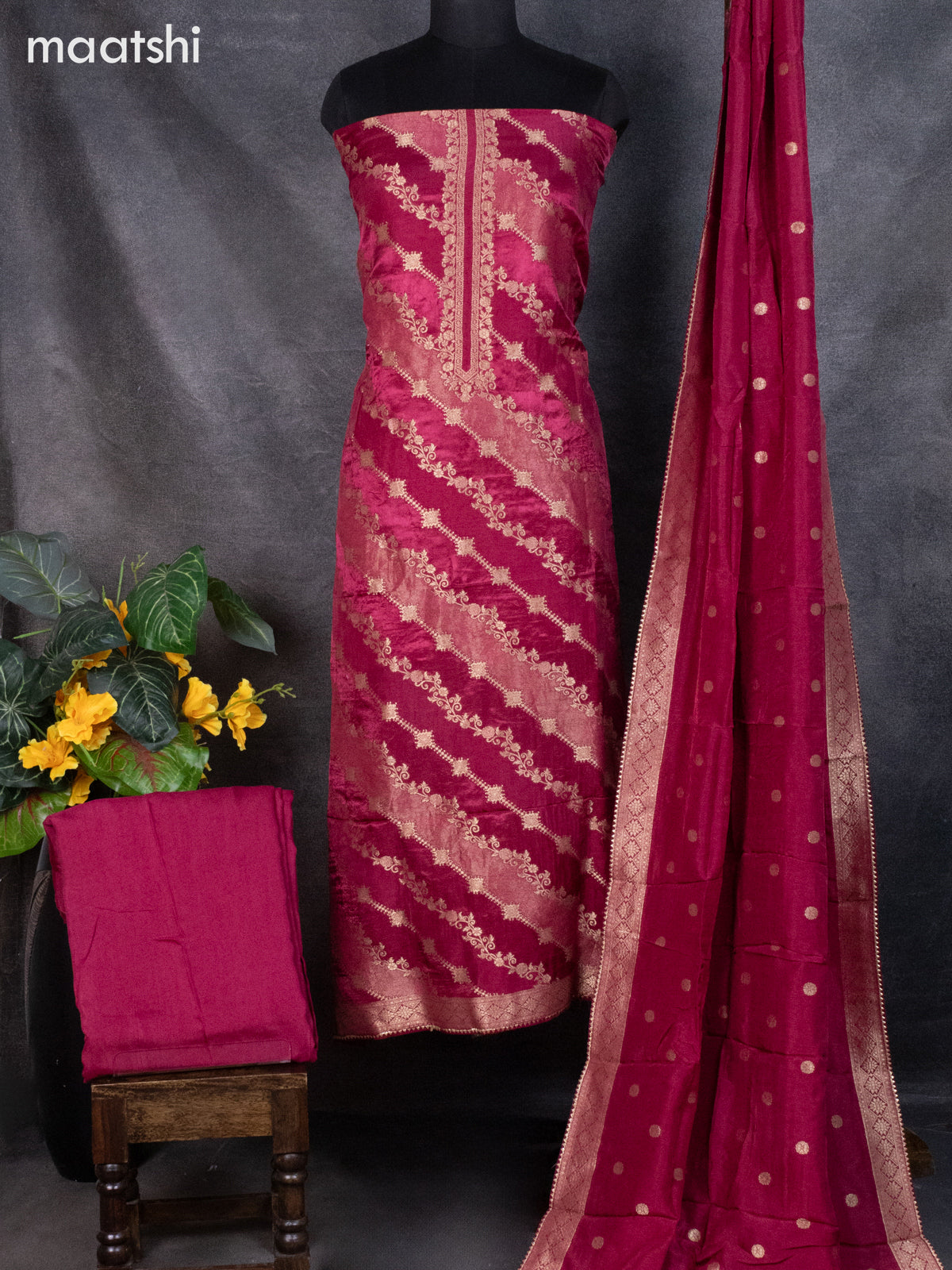 Banarasi silk dress material maroon shade with allover zari weaves and bottom & banarasi style dupatta