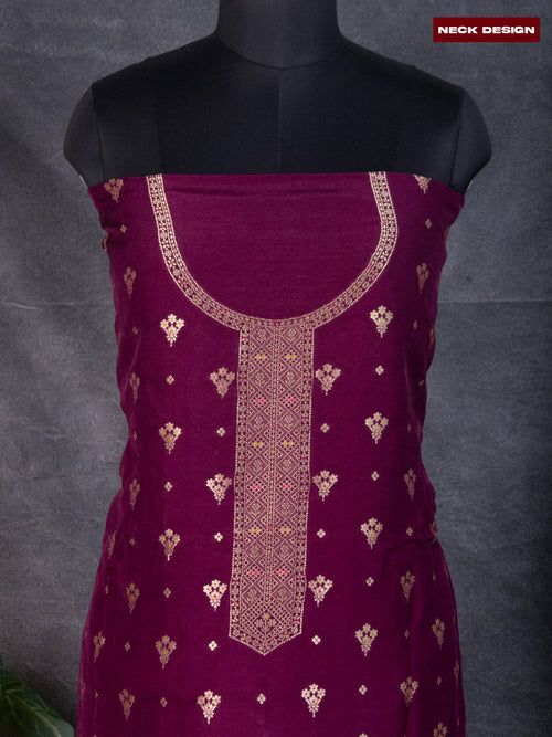 Banarasi silk dress material wine shade and allover self emboss & zari buttas and bottom & banarasi style dupatta