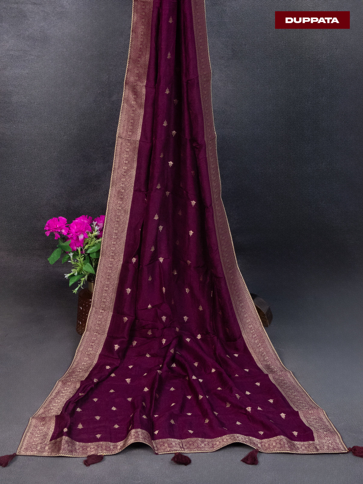 Banarasi silk dress material wine shade and allover self emboss & zari buttas and bottom & banarasi style dupatta