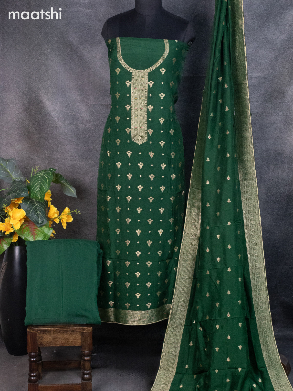 Banarasi silk dress material green and allover self emboss & zari buttas and bottom & banarasi style dupatta