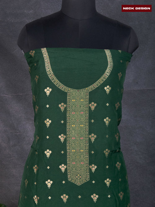 Banarasi silk dress material green and allover self emboss & zari buttas and bottom & banarasi style dupatta