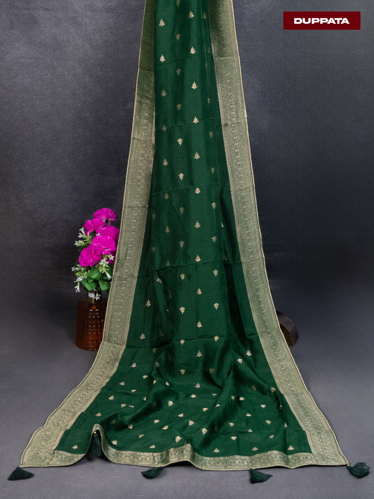 Banarasi silk dress material green and allover self emboss & zari buttas and bottom & banarasi style dupatta