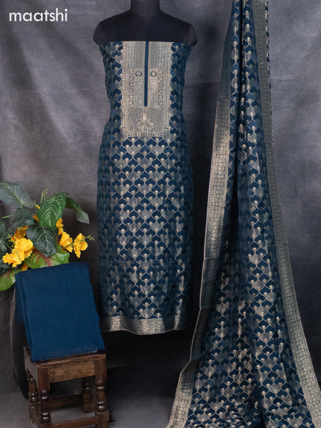 Banarasi silk dress material peacock green with allover zari weaves and bottom & banarasi style dupatta
