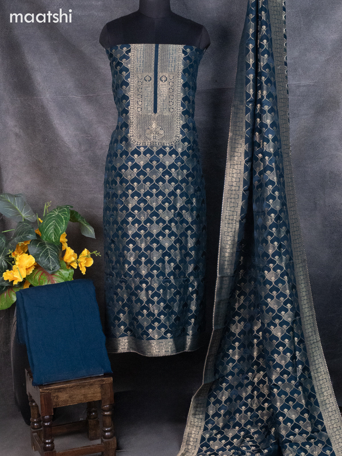 Banarasi silk dress material peacock green with allover zari weaves and bottom & banarasi style dupatta