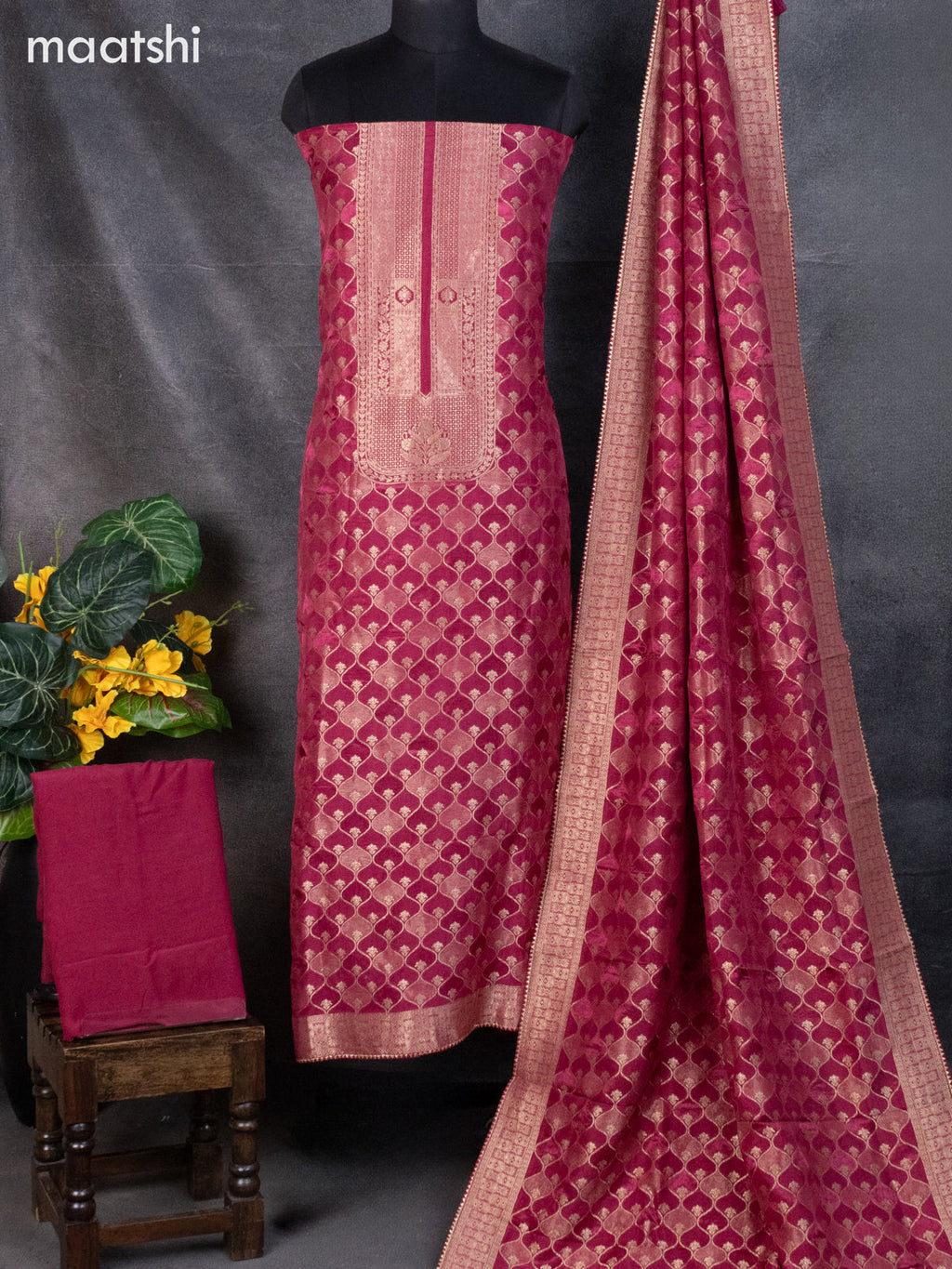 Banarasi silk dress material maroon shade with allover zari weaves and bottom & banarasi style dupatta