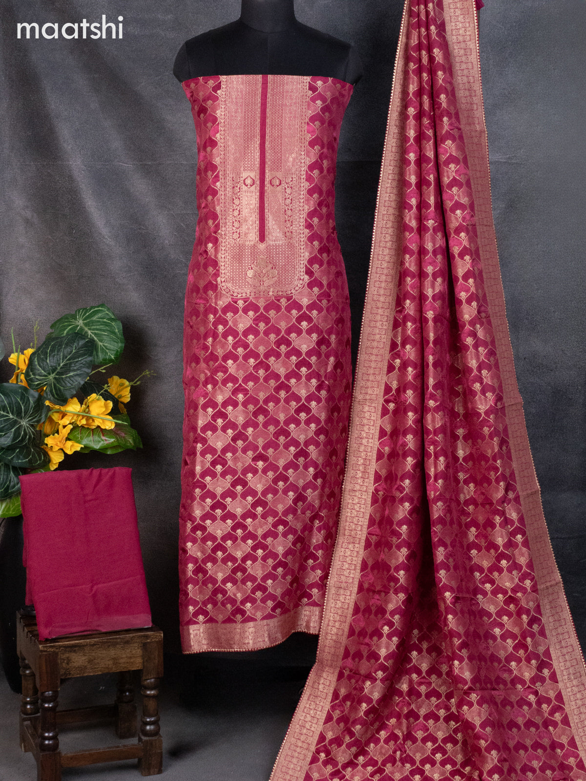 Banarasi silk dress material maroon shade with allover zari weaves and bottom & banarasi style dupatta