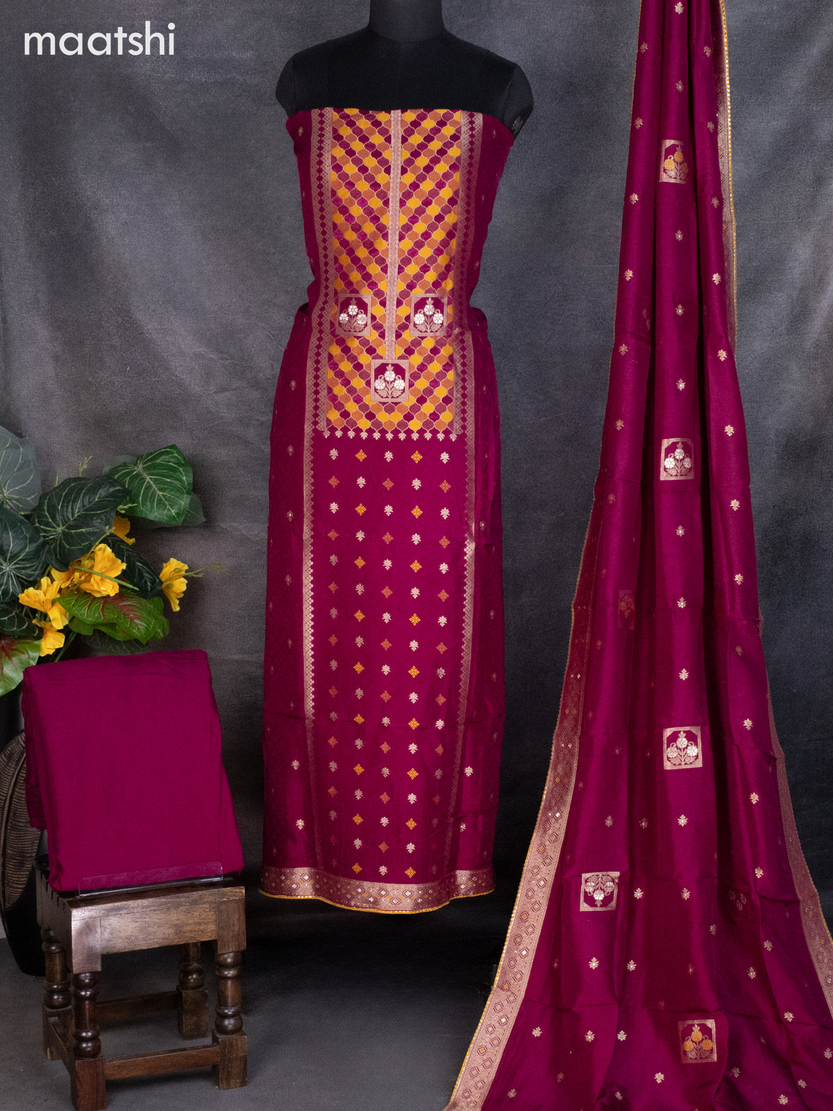 Banarasi silk dress material wine shade and allover self emboss & zari buttas and bottom & banarasi style dupatta