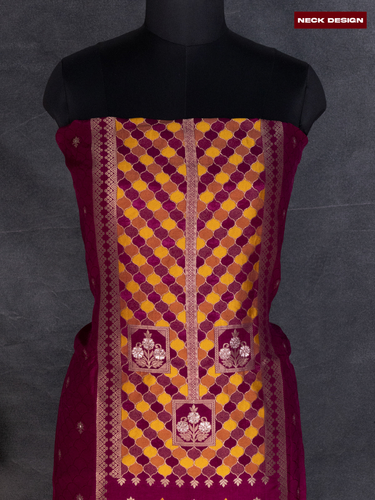 Banarasi silk dress material wine shade and allover self emboss & zari buttas and bottom & banarasi style dupatta