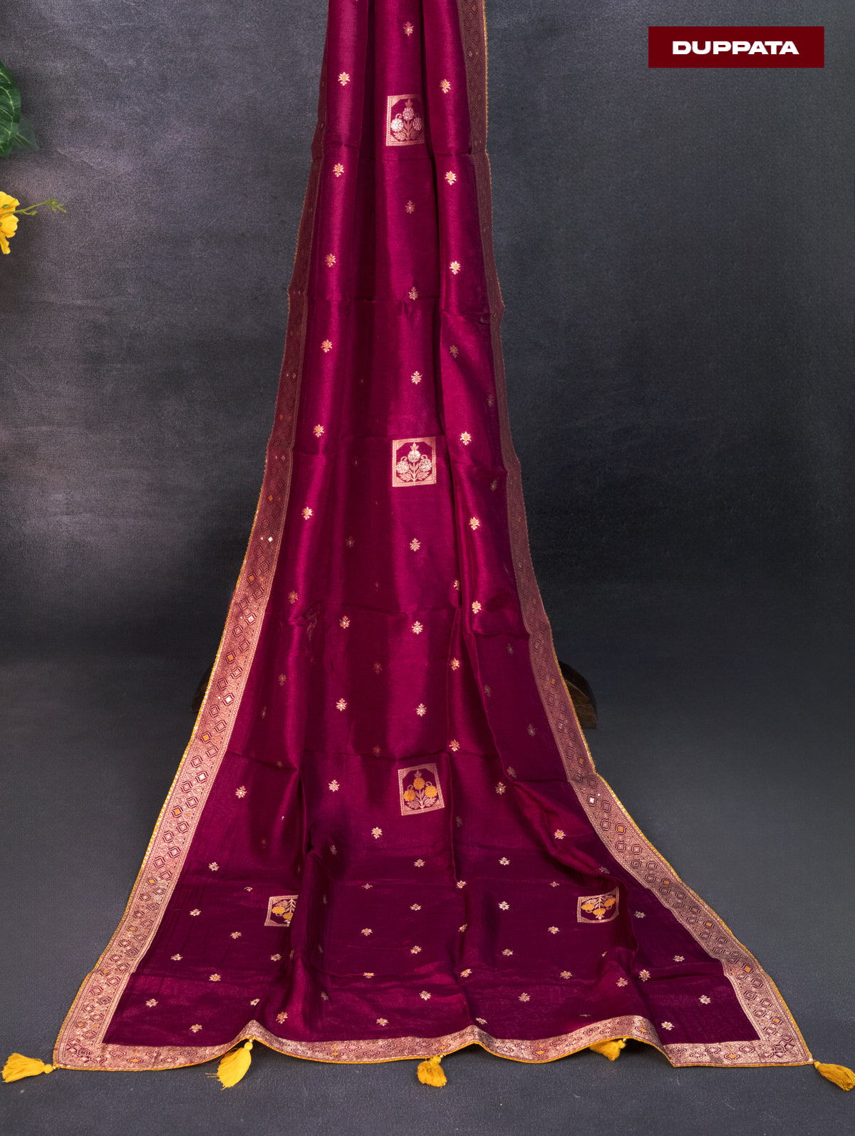 Banarasi silk dress material wine shade and allover self emboss & zari buttas and bottom & banarasi style dupatta