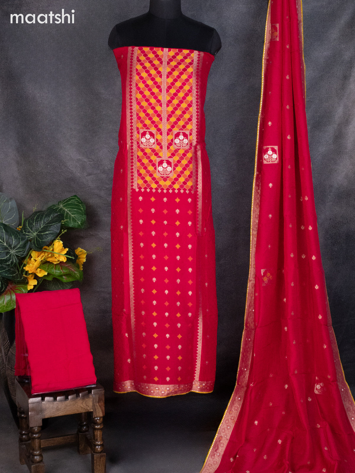 Banarasi silk dress material pink and allover self emboss & zari buttas and bottom & banarasi style dupatta