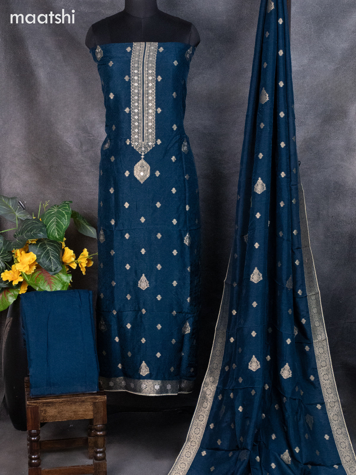 Banarasi silk dress material peacock green and allover self emboss & zari buttas and bottom & banarasi style dupatta