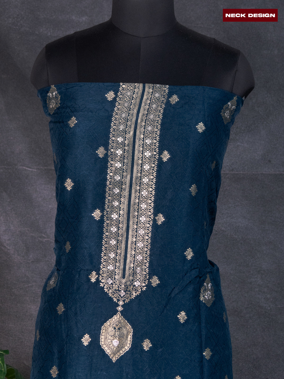 Banarasi silk dress material peacock green and allover self emboss & zari buttas and bottom & banarasi style dupatta