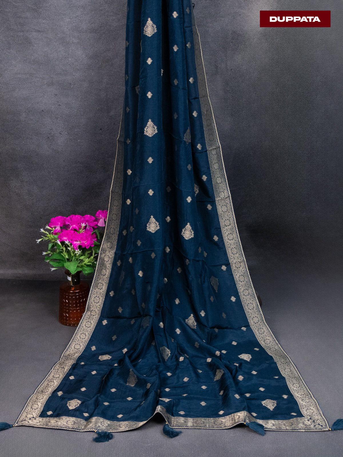 Banarasi silk dress material peacock green and allover self emboss & zari buttas and bottom & banarasi style dupatta
