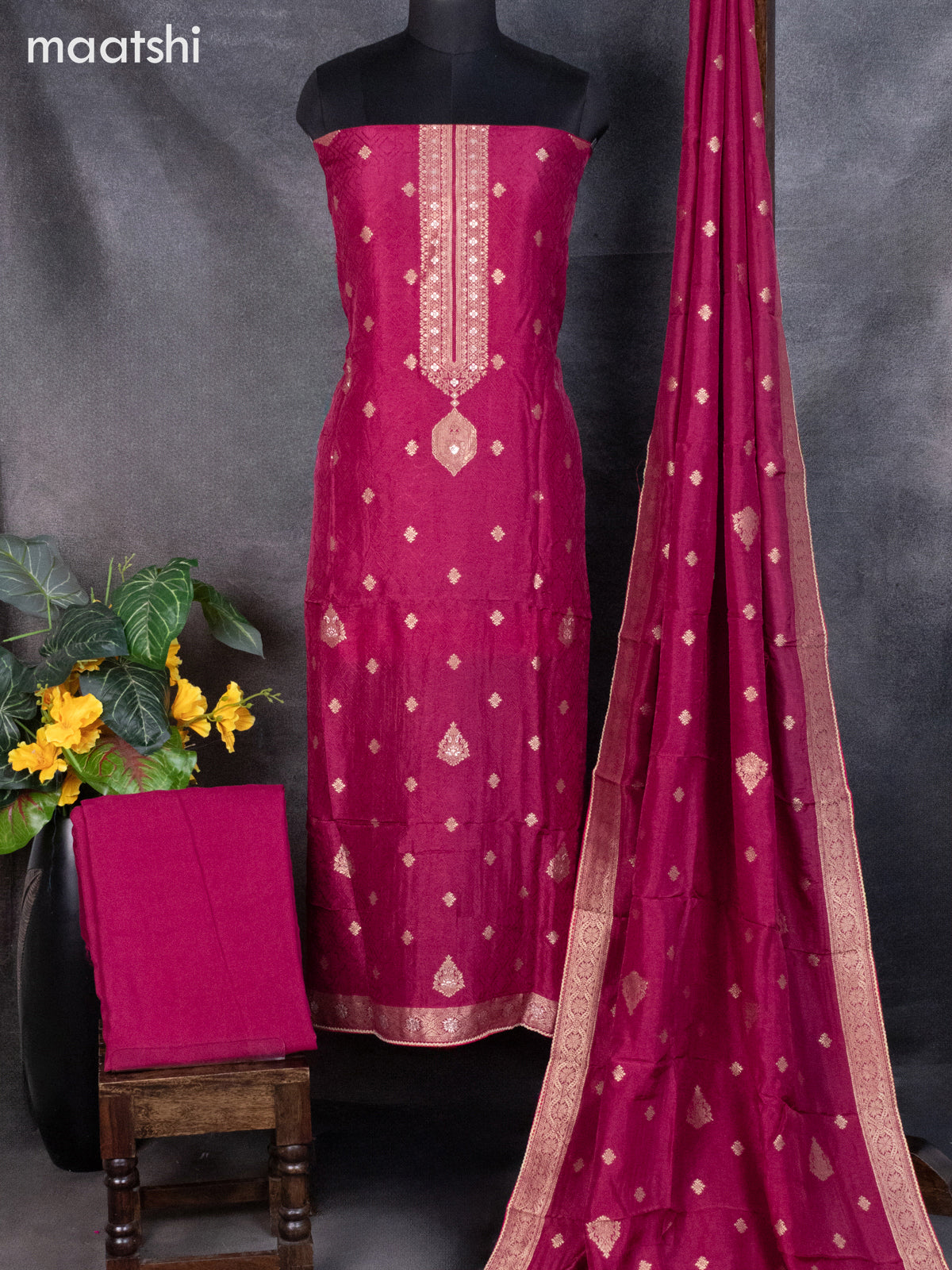 Banarasi silk dress material maroon shade and allover self emboss & zari buttas and bottom & banarasi style dupatta