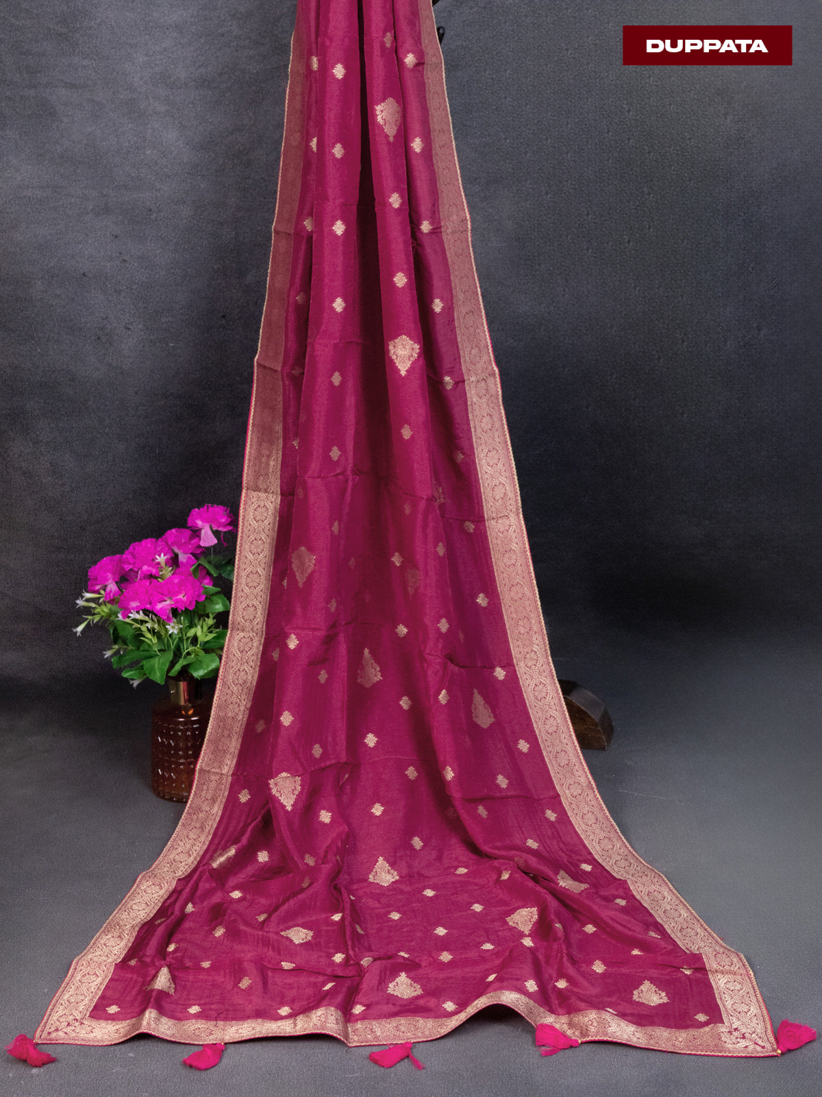 Banarasi silk dress material maroon shade and allover self emboss & zari buttas and bottom & banarasi style dupatta