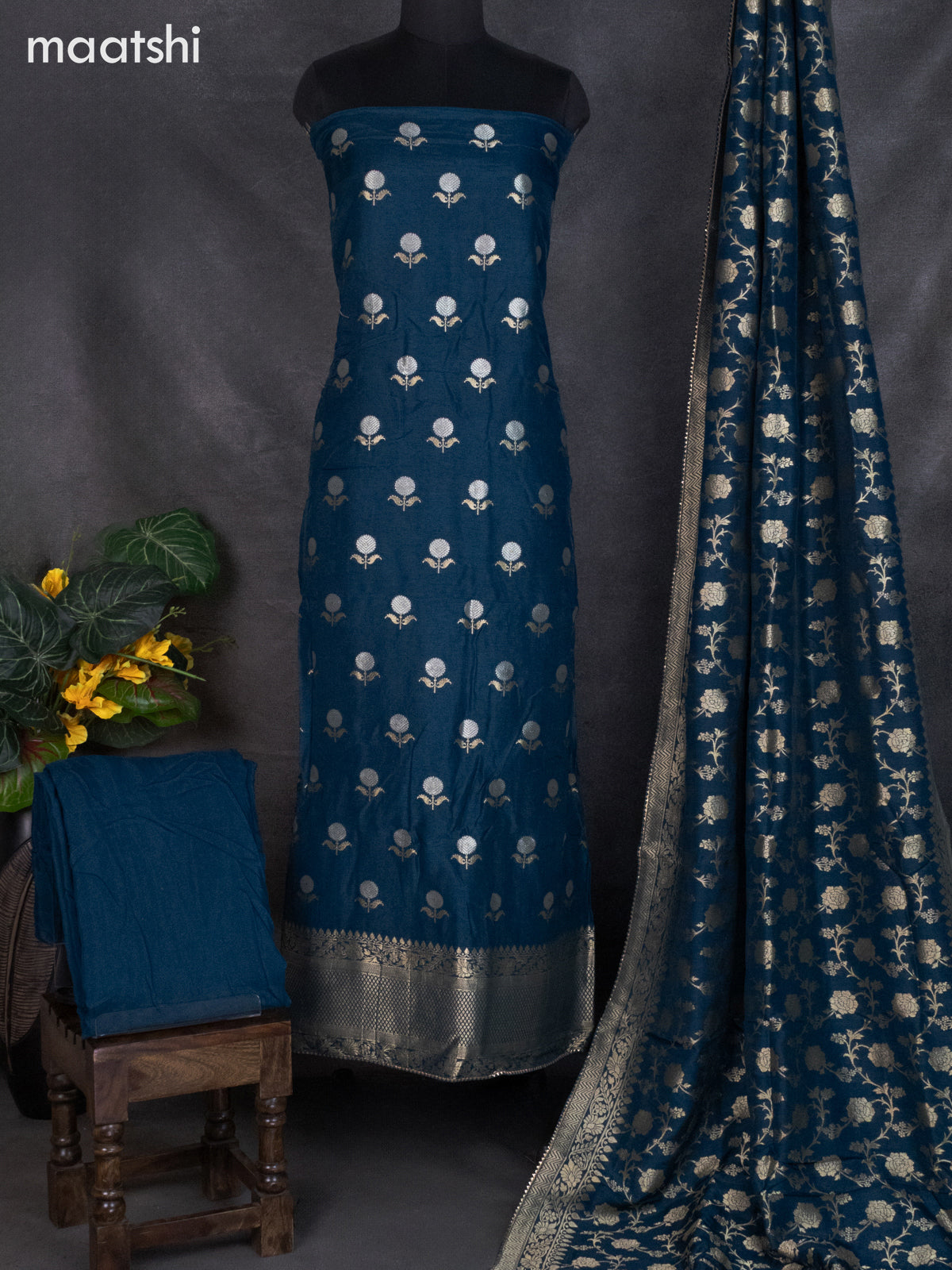 Banarasi silk dress material peacock blue with silver & gold zari buttas and bottom & banarasi style dupatta
