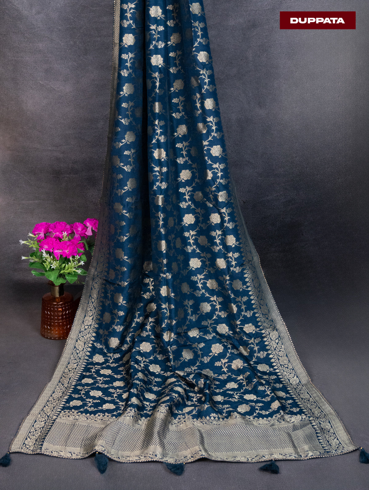 Banarasi silk dress material peacock blue with silver & gold zari buttas and bottom & banarasi style dupatta