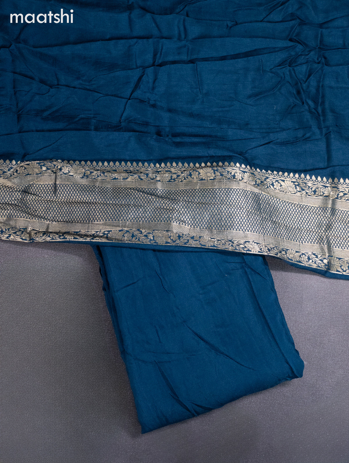 Banarasi silk dress material peacock blue with silver & gold zari buttas and bottom & banarasi style dupatta