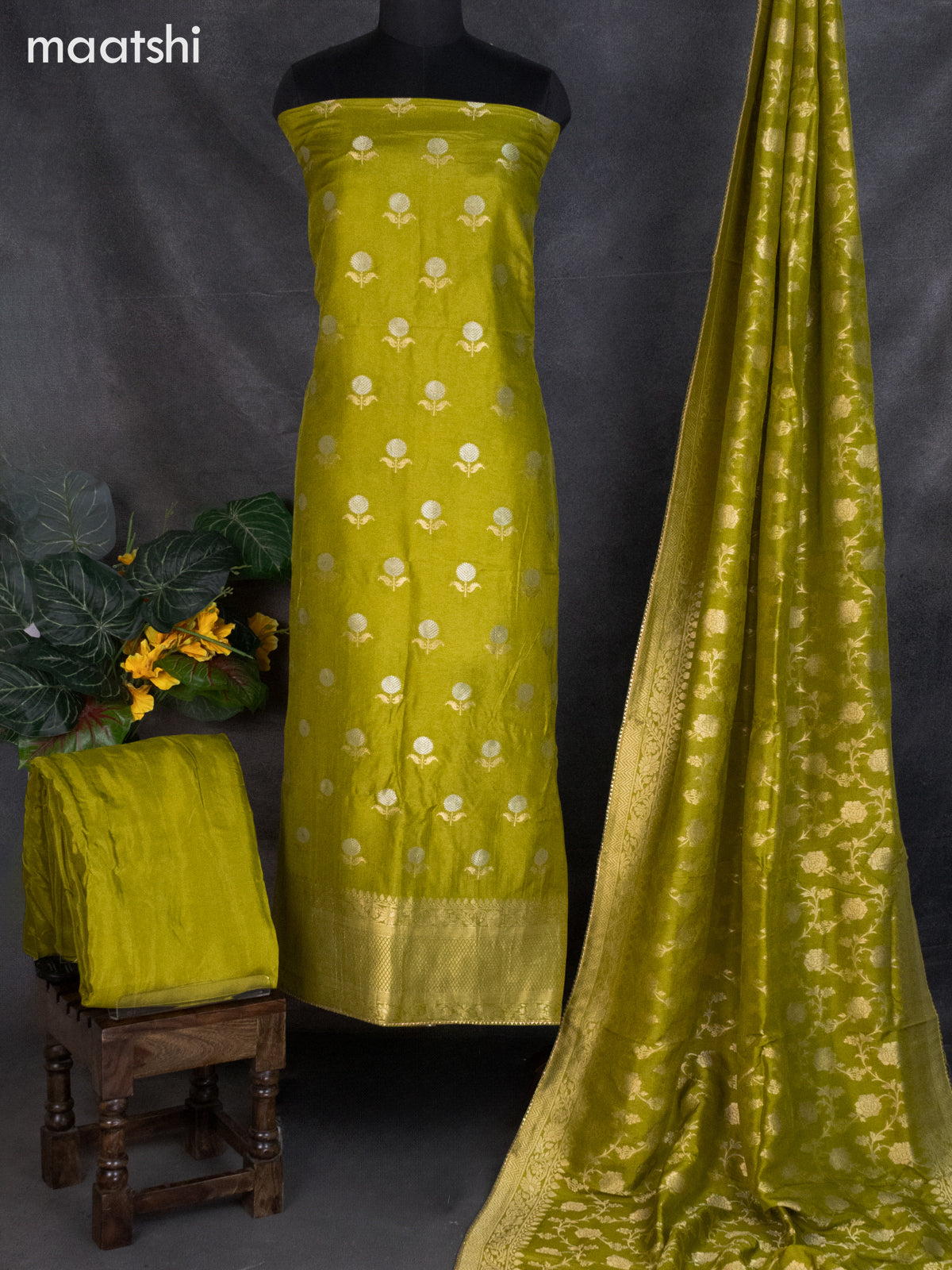 Banarasi silk dress material lime green with silver & gold zari buttas and bottom & banarasi style dupatta