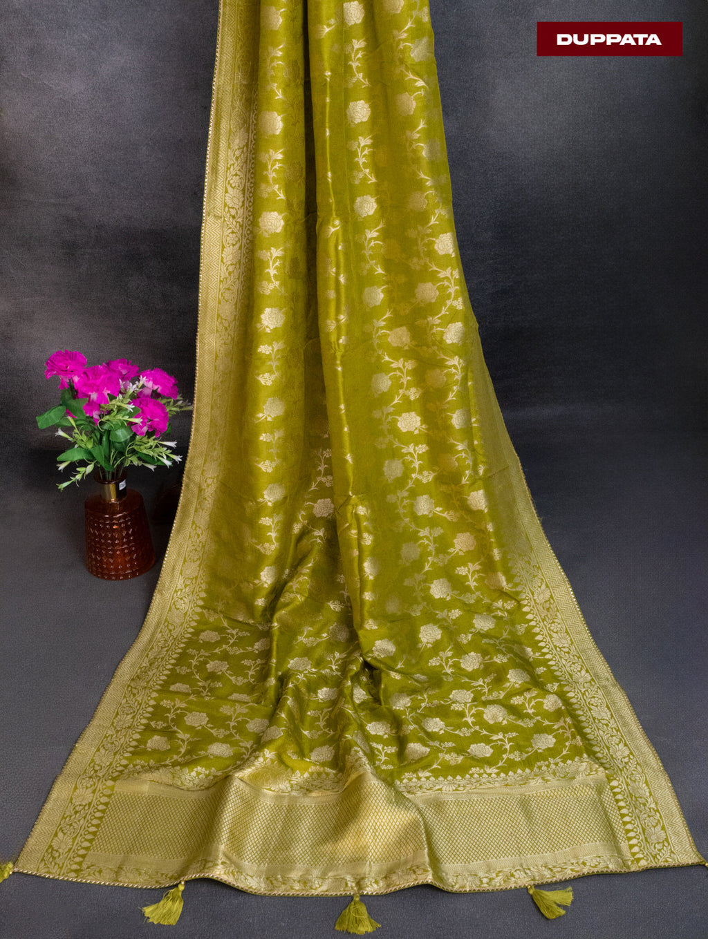 Banarasi silk dress material lime green with silver & gold zari buttas and bottom & banarasi style dupatta