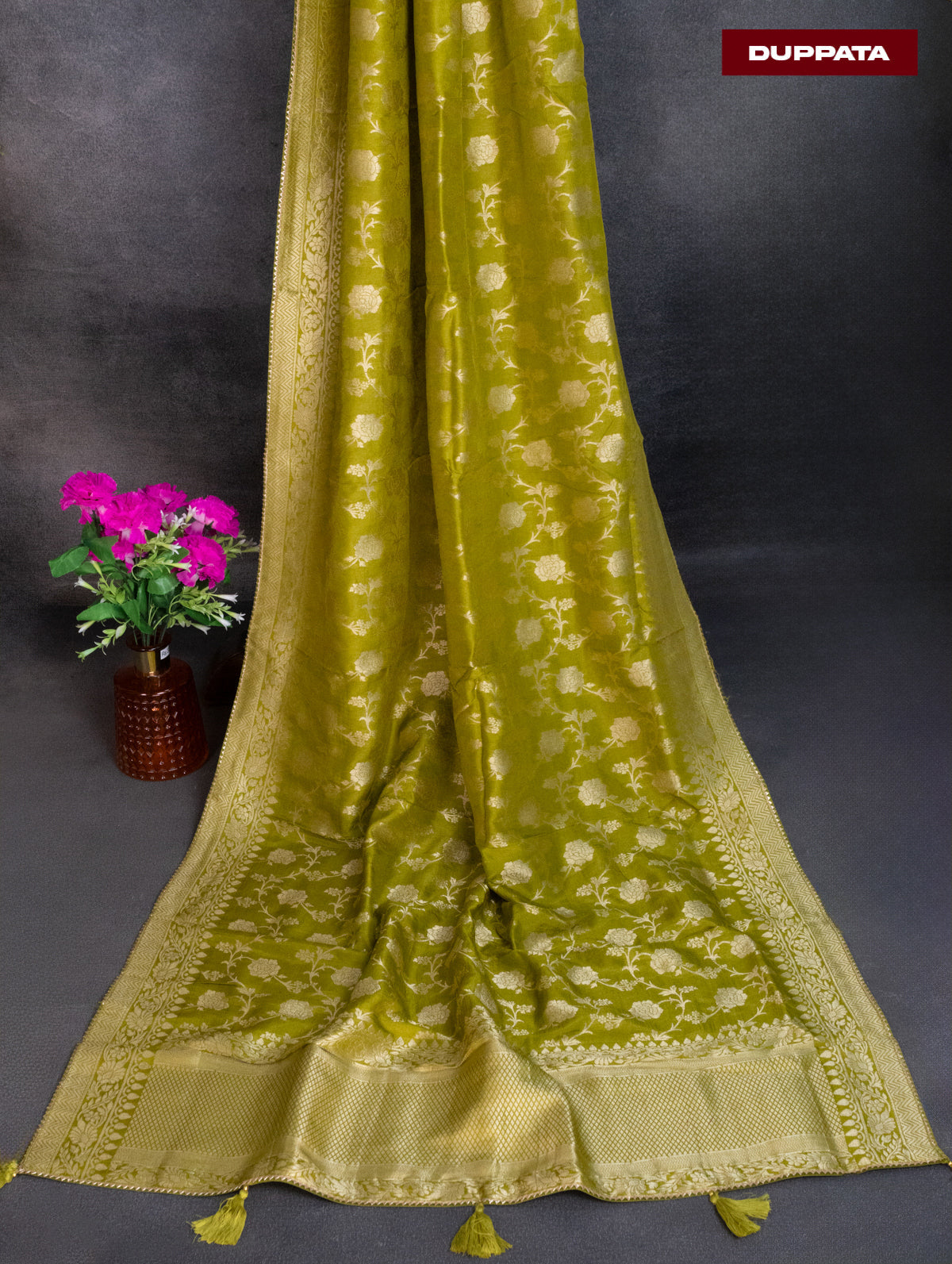 Banarasi silk dress material lime green with silver & gold zari buttas and bottom & banarasi style dupatta