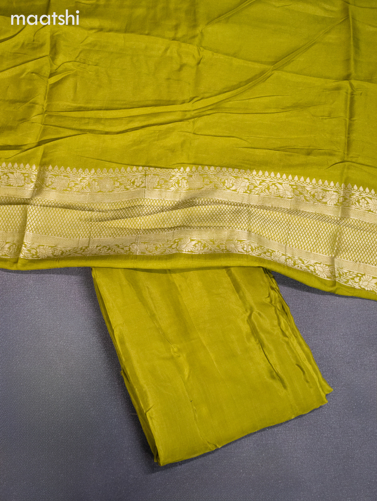 Banarasi silk dress material lime green with silver & gold zari buttas and bottom & banarasi style dupatta