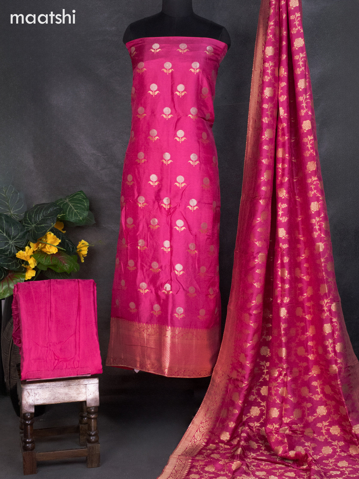 Banarasi silk dress material peach pink with silver & gold zari buttas and bottom & banarasi style dupatta