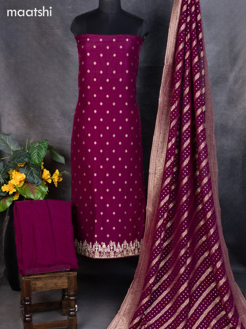 Banarasi silk dress material wine shade with allover zari buttas and bottom & banarasi style dupatta