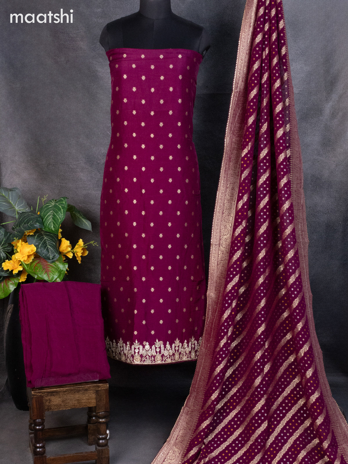 Banarasi silk dress material wine shade with allover zari buttas and bottom & banarasi style dupatta