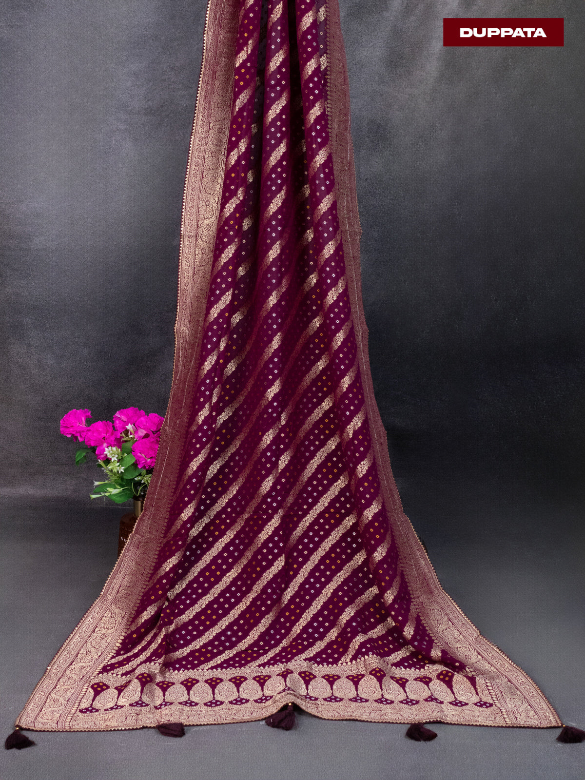 Banarasi silk dress material wine shade with allover zari buttas and bottom & banarasi style dupatta