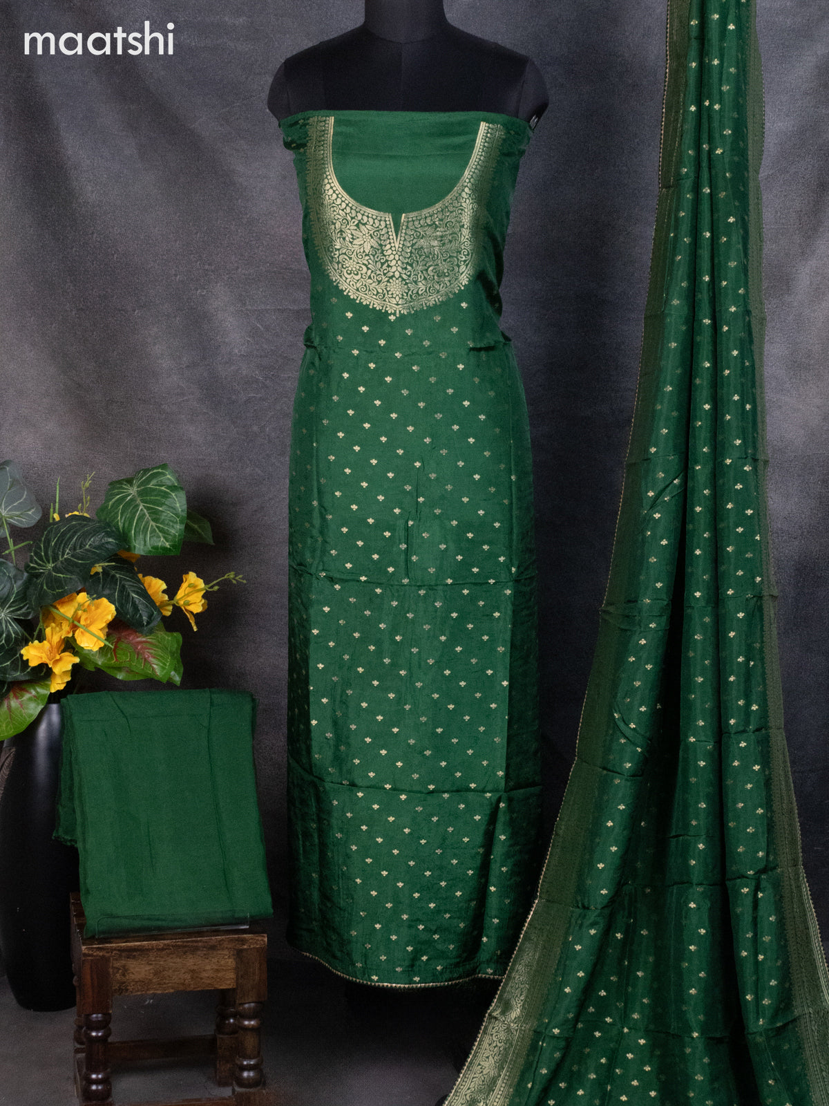Banarasi silk dress material green and allover self emboss & zari buttas and bottom & banarasi style dupatta