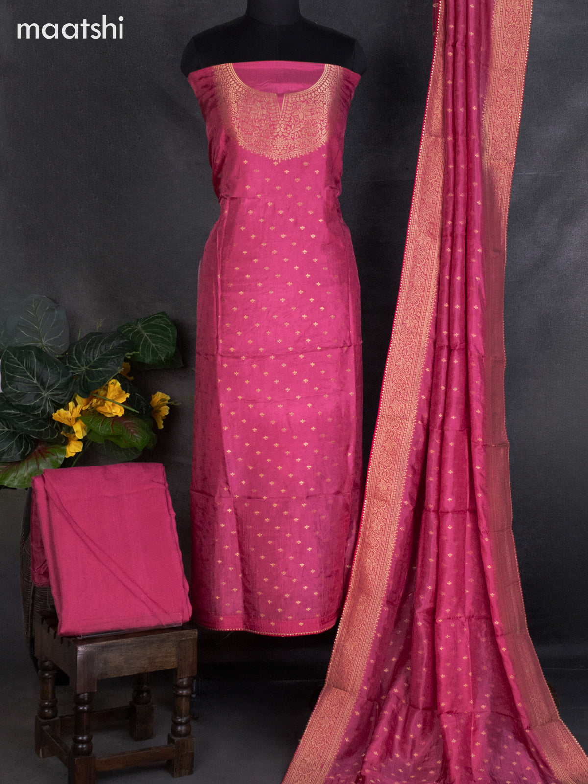 Banarasi silk dress material peach pink and allover self emboss & zari buttas and bottom & banarasi style dupatta