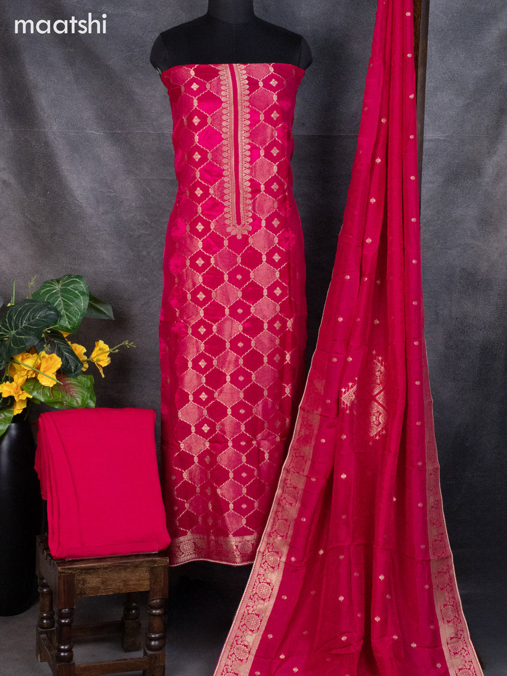 Banarasi silk dress material pink with allover zari weaves & buttas and bottom & banarasi style dupatta