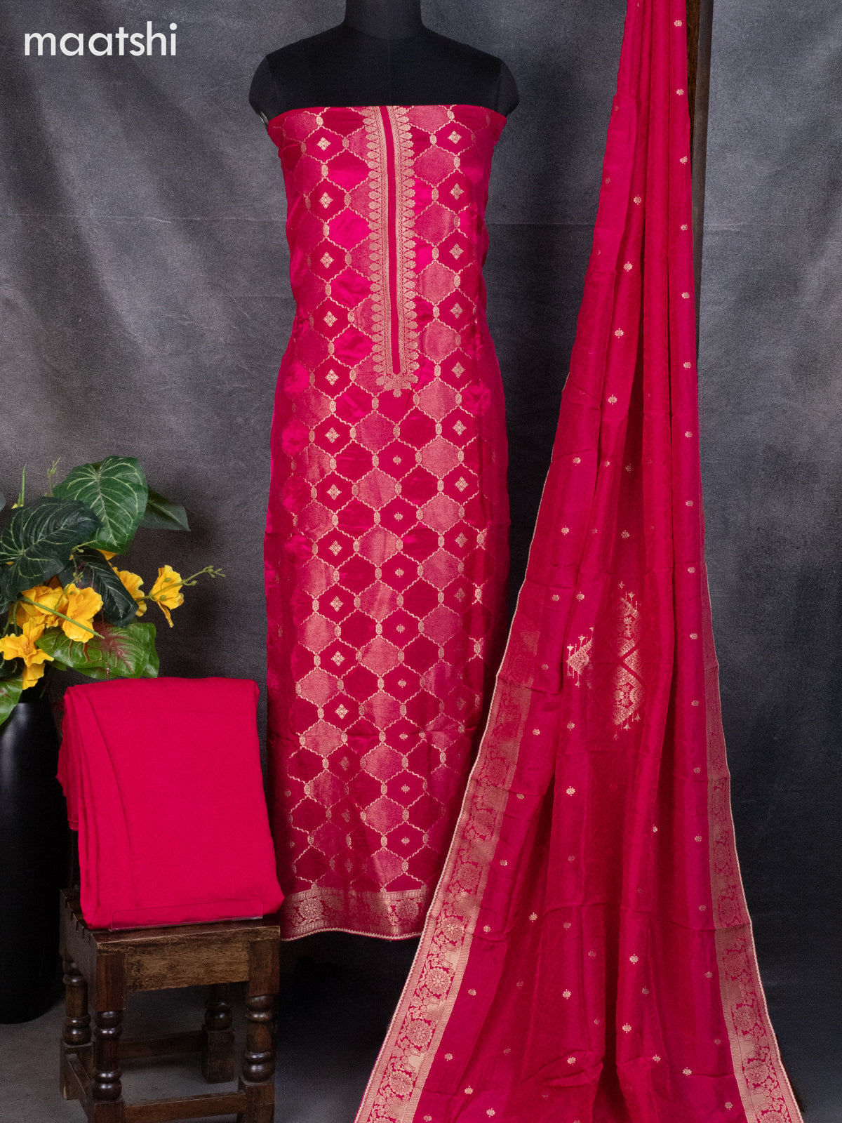 Banarasi silk dress material pink with allover zari weaves & buttas and bottom & banarasi style dupatta