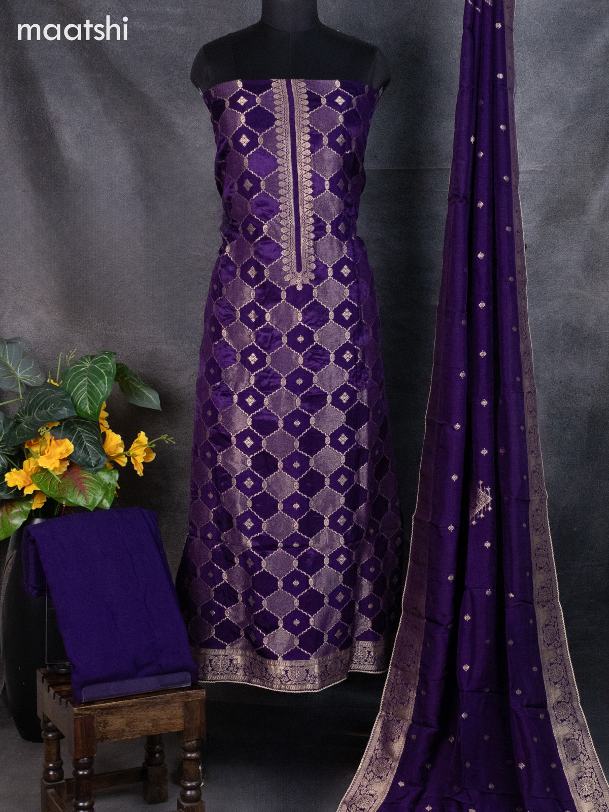 Banarasi silk dress material violet with allover zari weaves & buttas and bottom & banarasi style dupatta