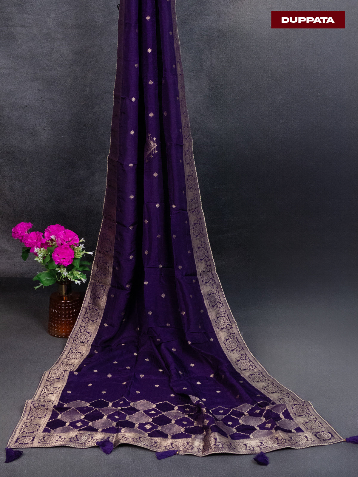 Banarasi silk dress material violet with allover zari weaves & buttas and bottom & banarasi style dupatta
