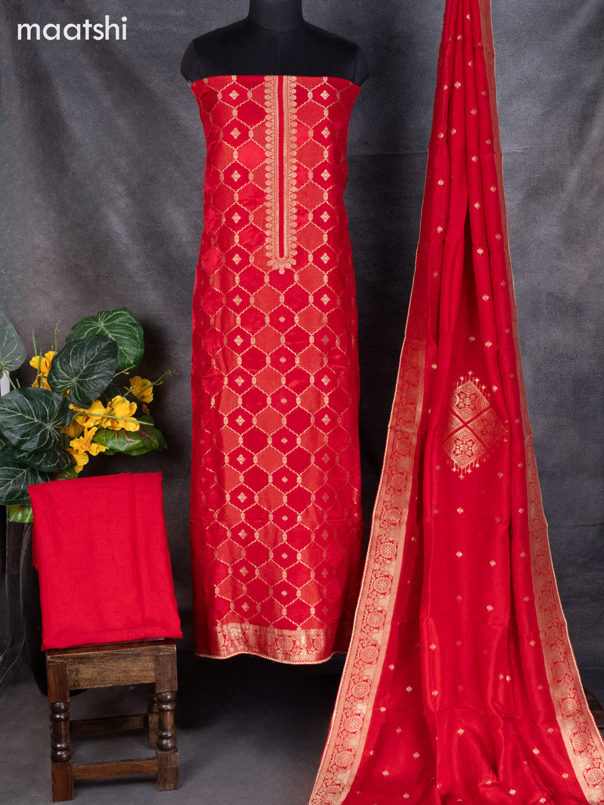 Banarasi silk dress material red with allover zari weaves & buttas and bottom & banarasi style dupatta
