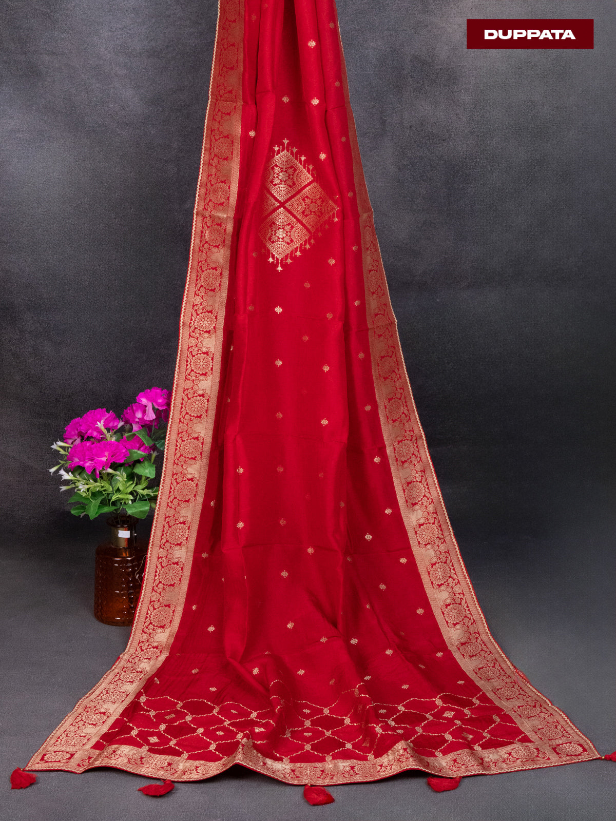 Banarasi silk dress material red with allover zari weaves & buttas and bottom & banarasi style dupatta