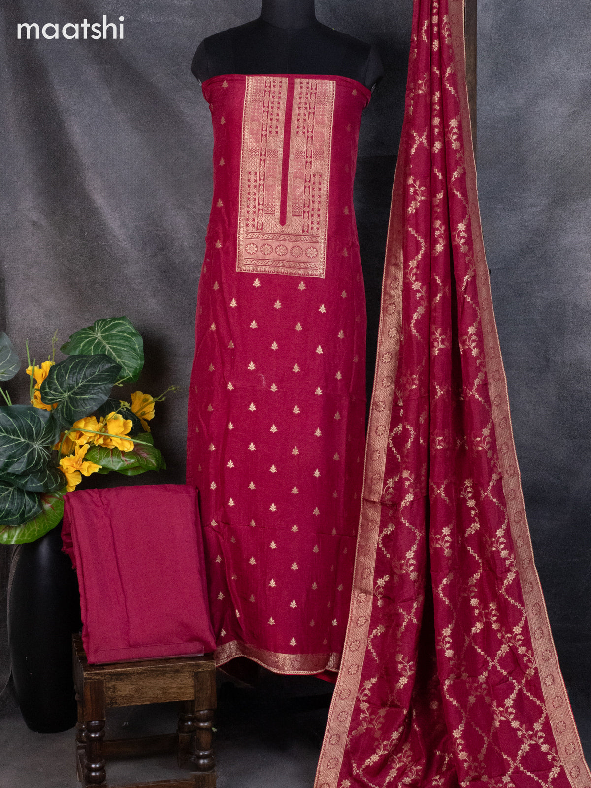 Banarasi silk dress material maroon shade with zari woven buttas and bottom & banarasi style dupatta