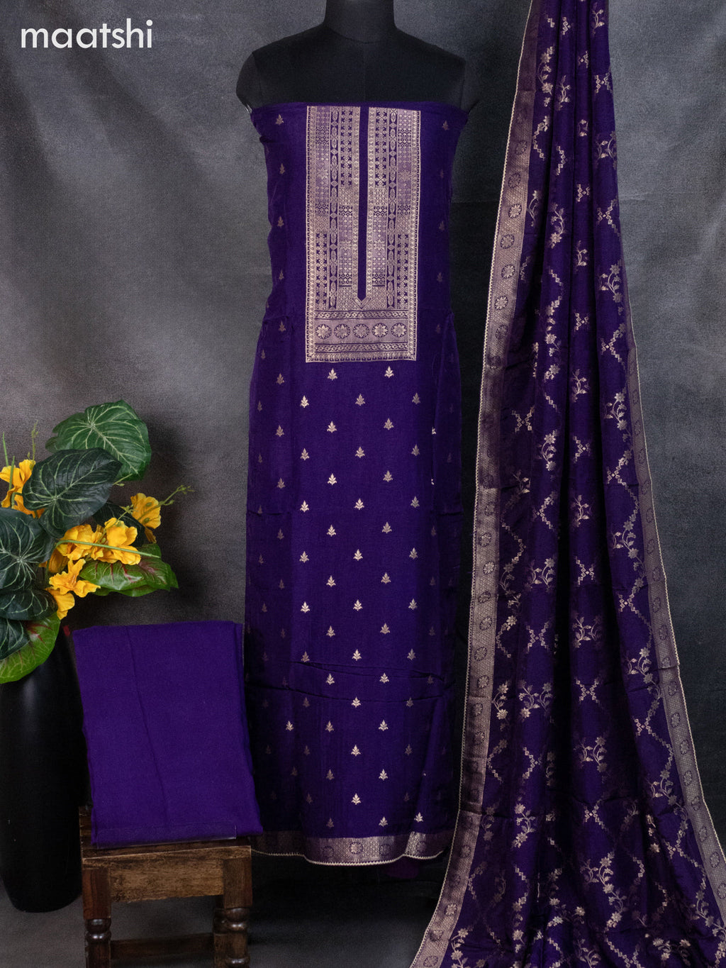 Banarasi silk dress material violet with zari woven buttas and bottom & banarasi style dupatta