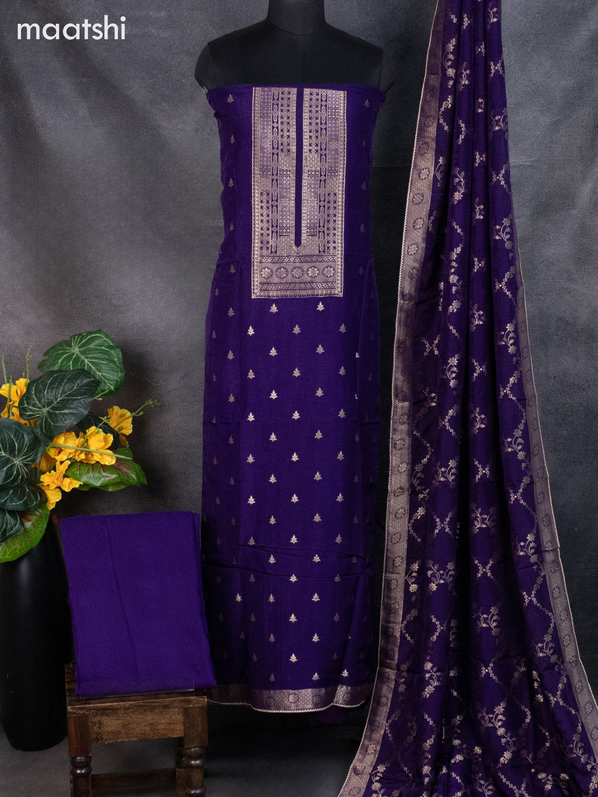 Banarasi silk dress material violet with zari woven buttas and bottom & banarasi style dupatta