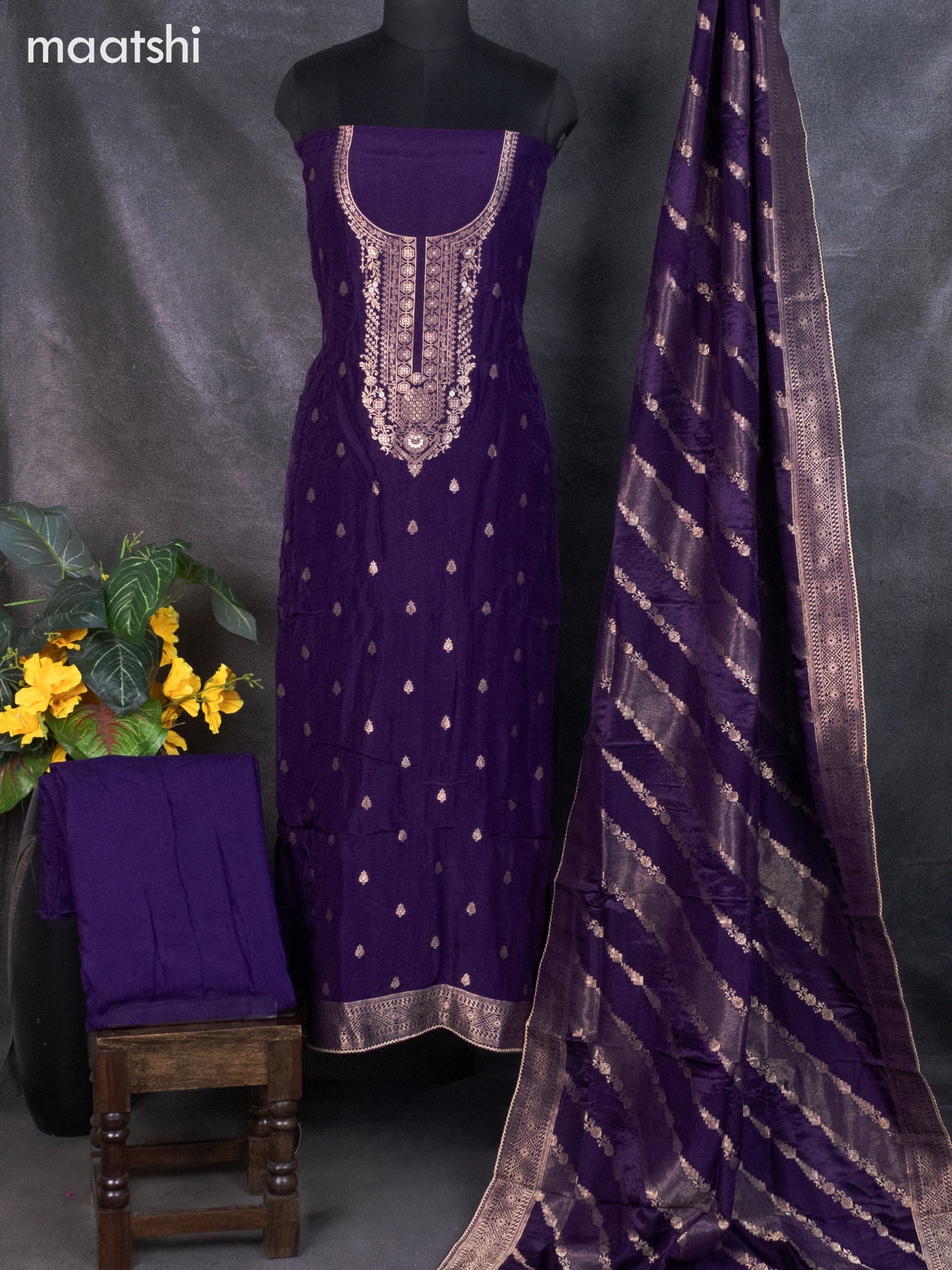Banarasi silk dress material violet with zari woven buttas and bottom & banarasi style dupatta